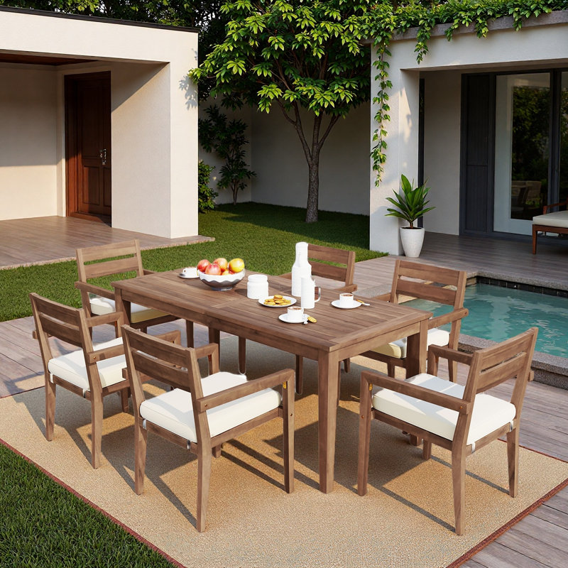 Ensemble repas 7 pièces pour l'extérieur, 1 grande table et 6 chaises empilables avec coussins et élément imperméable