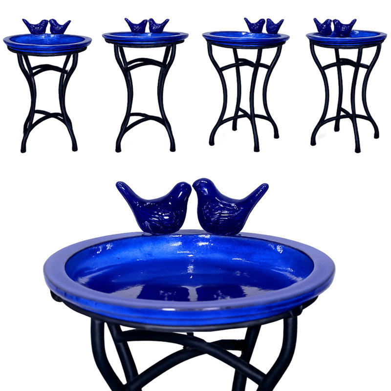Bain d'oiseaux extérieur en céramique 12 po H bleu avec base en métal
