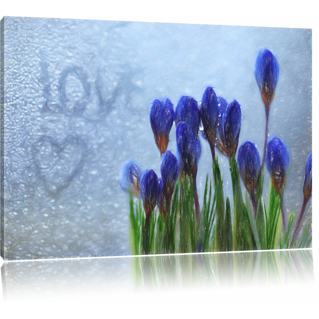 Leinwandbild „Frühlingsblumen - Love - Wassertropfen“, Grafikdruck