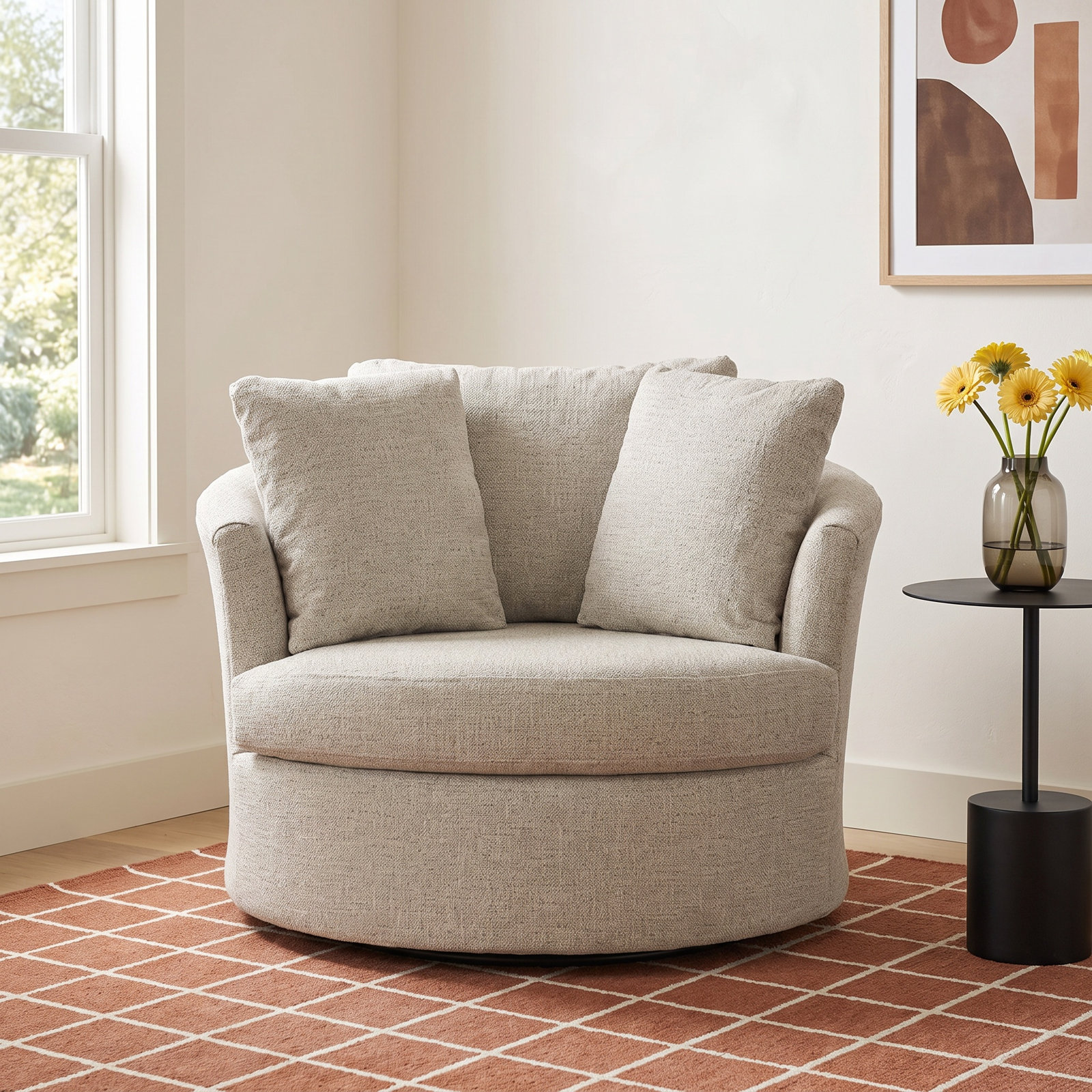 Upholstered Swivel Barrel Chair, Drift Linen Performance Chenille
