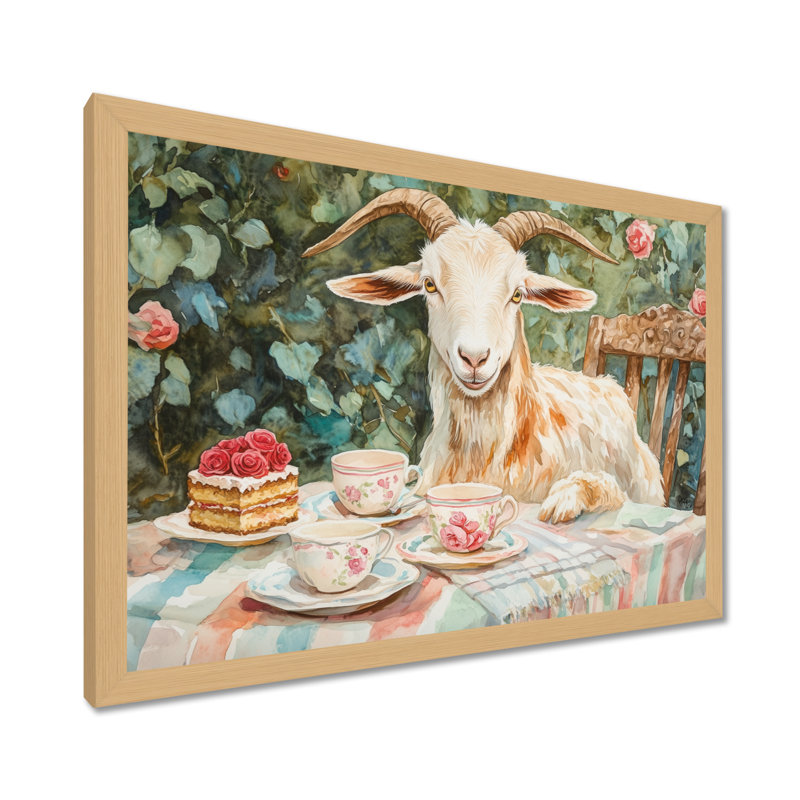 Rose Garden Tea Party II - Tableau encadré avec chèvre, 12" H x 20" W, Cadre naturel