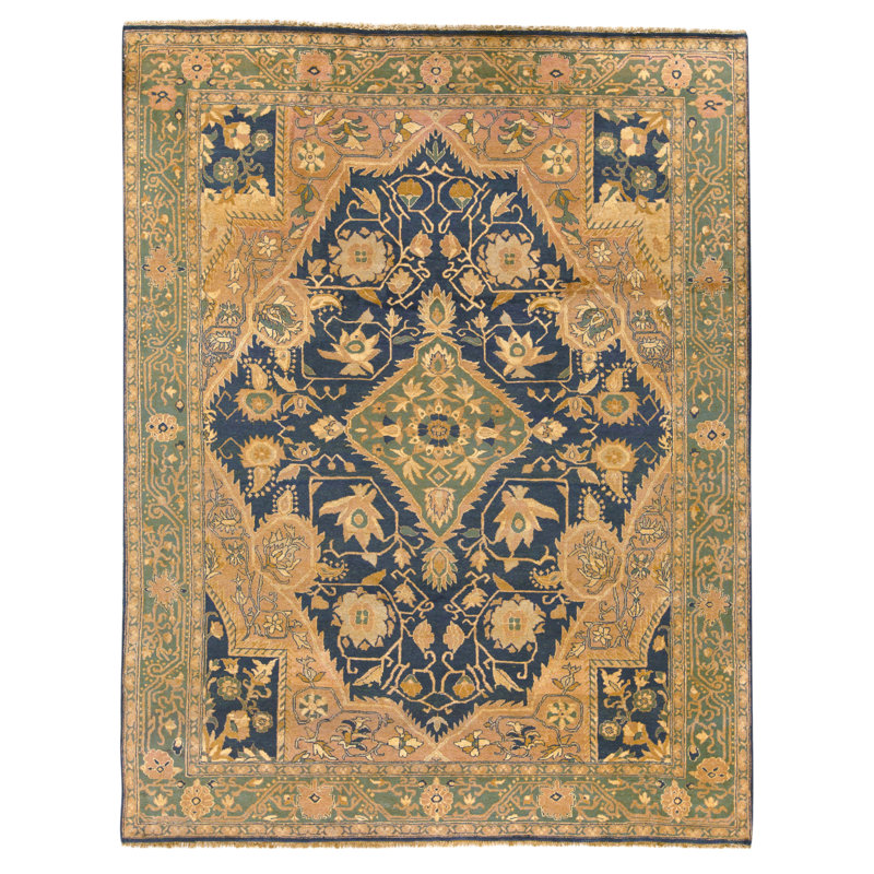 Tapis bleu et vert noué à la main de haute qualité