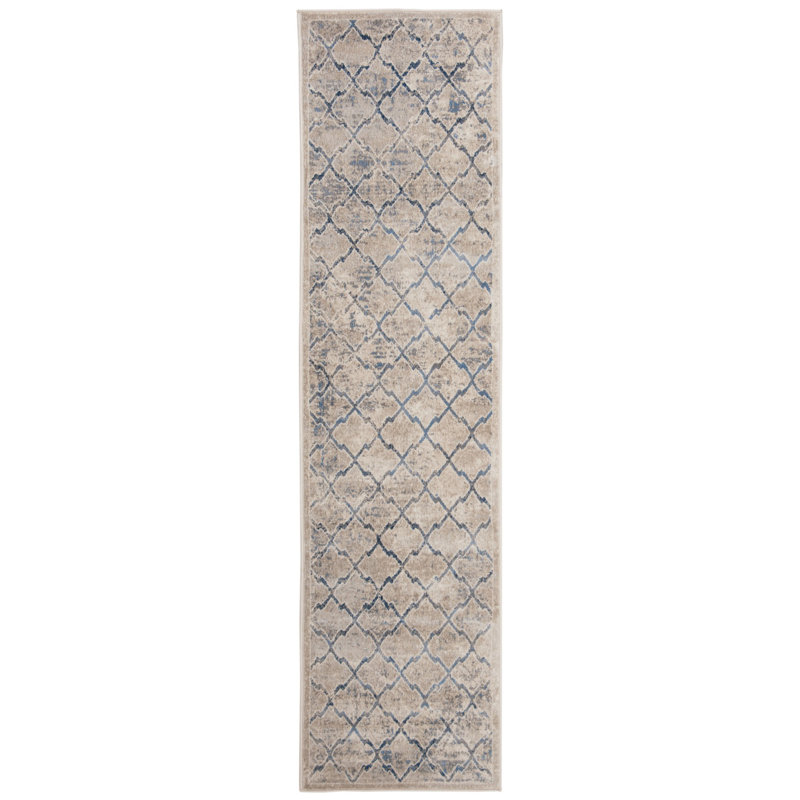 Cambrai Geometric Light Gray/Dark Blue Area Rug, Runner 2' x 12'