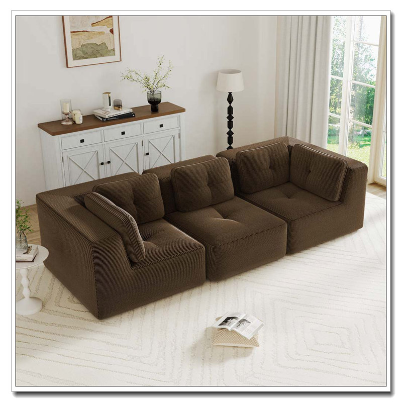 Canapé modulaire moderne, capitonné, sans assemblage, antidérapant, Brun - 3 sièges