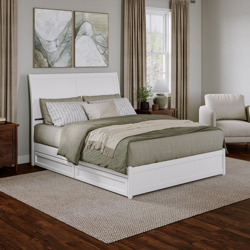 Lit plateforme en bois massif Lamayia avec pied de lit et tiroirs de rangement, White, Grand