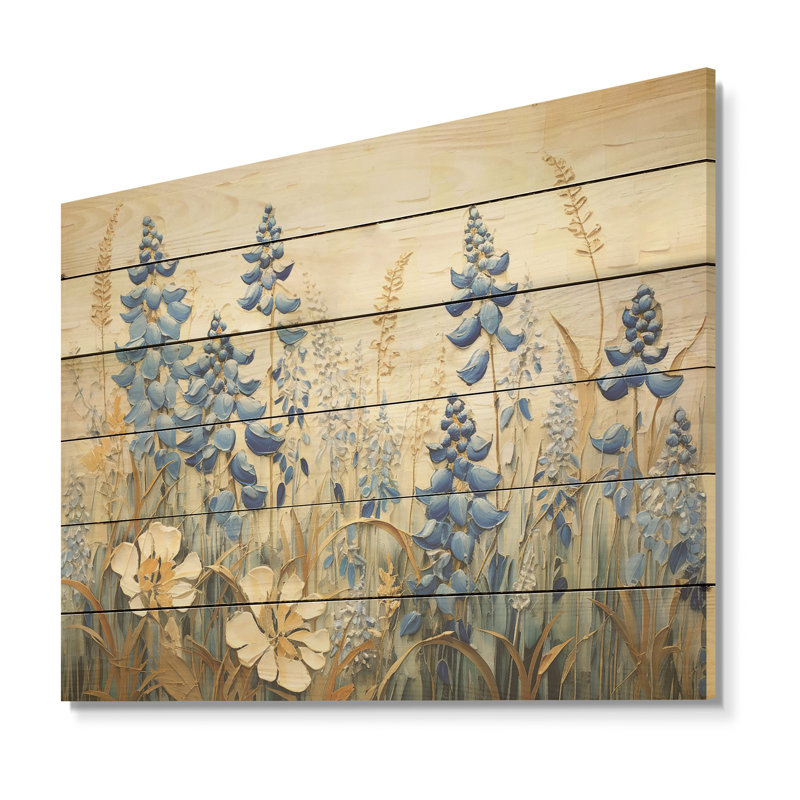 «Blue Bonnets Field Tranquility I - Blue Bonnets», art mural sur bois de pin naturel, H 10 po x l 20 po
