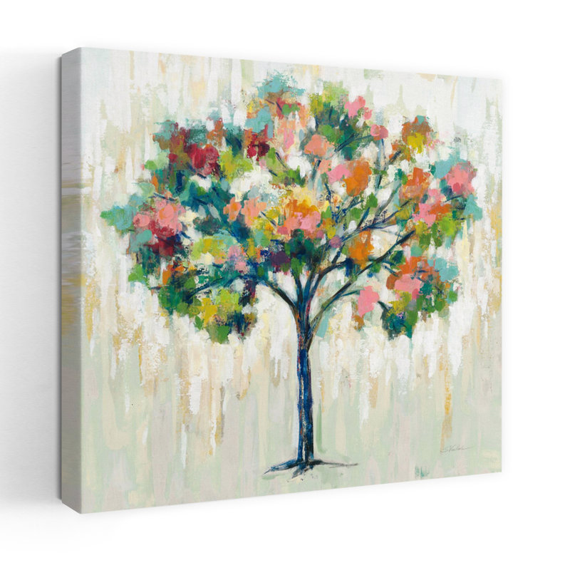 Art contemporain contemporain avec arbre en fleurs neutre et arbres, H 36 po x l 36 po