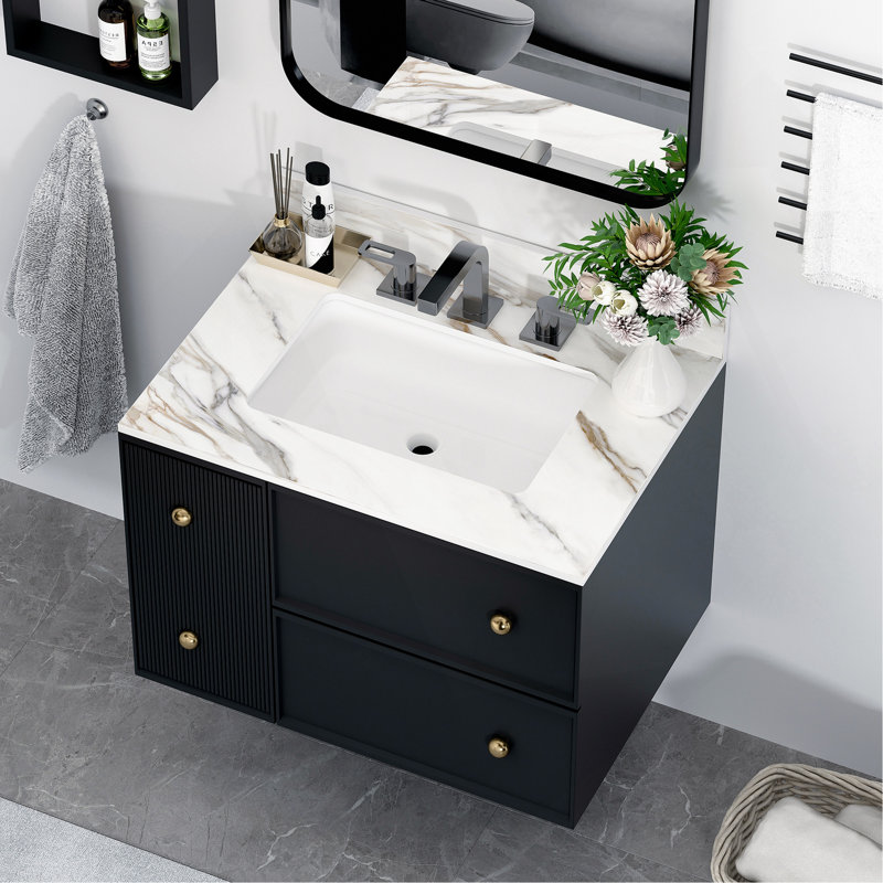 Comptoir de meuble-lavabo en marbre 31 po, comptoir de salle de bain avec lavabo central encastré rectangulaire et dosseret de 4 po de hauteur, comptoir pré-percé de 8 po à trou de robinet, blanc de Carrare avec veines