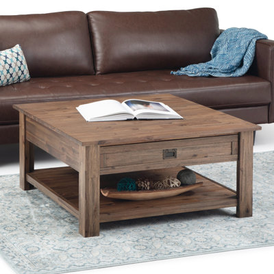Table basse carrée rustique en bois d'acacia massif l 38 po avec 2 tiroirs et tablette ouverte Monroe