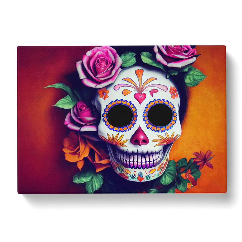 Refined Floral Sugar Skull - Wrapped Canvas, 40cm H x 60cm W x 3cm D