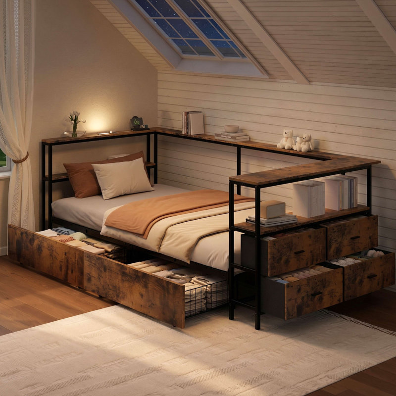 Cadre de lit d'angle en métal pour lit simple avec tiroirs de rangement, lit de jour simple pour enfants et adolescents, cadre de lit pour enfants