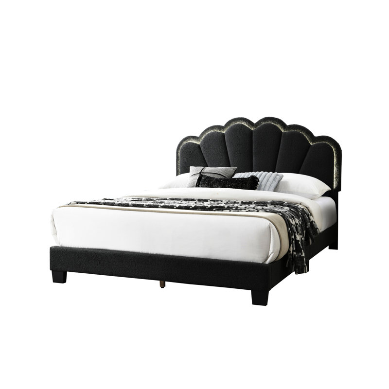 Charcoal Queen Bed, Elegant Headboard Bed In Charcoal, With Led, No Box Spring, Wood Construction, Modern Bedroom
