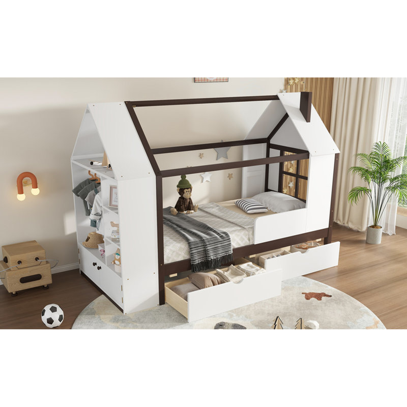 Lit simple en bois massif avec tiroirs et tablettes de rangement, blanc et ludique, fonctionnel et attrayant