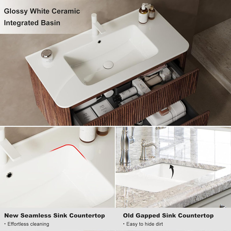 36" Modern Bathroom Vanity with Single Ceramic Basin and 2 Drawers, and 14"Side Cabinet Set