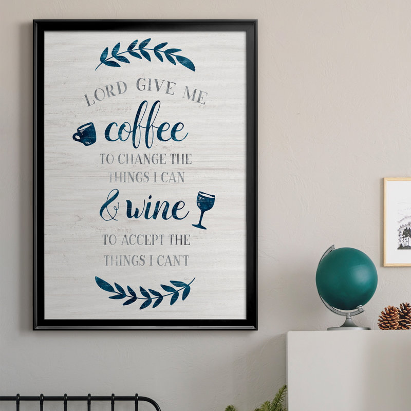 «Coffee and Wine», art textuel sur toile, H 30,5 po x l 42,5 po x P 1,5 po, Cadre noir