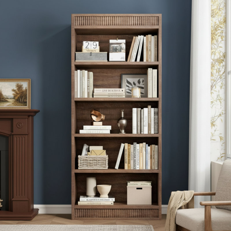 5-Shelf Vintage Wooden Bookshelf (Brown) In Farmhouse Style, With Display Shelves And Recesses, Wooden Base; Suitable For Offices And Libraries