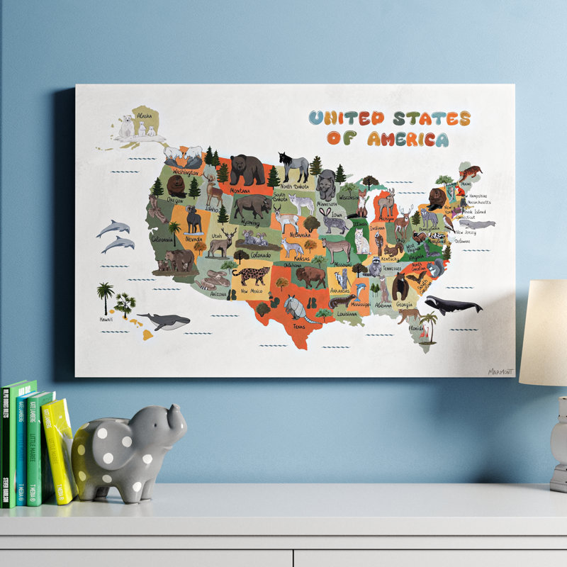 Letcher Americas Animal Map Print on Wrapped Canvas, 30" H x 45" W x 1.5" D