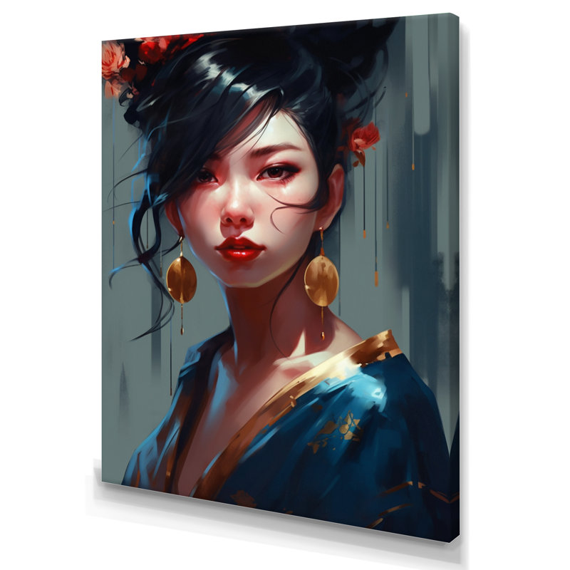 Dame japonaise élégante - peinture sur toile, H 40 po x l 30 po x P 1,5 po, Toile tendue