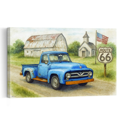 Route 66 Charm Vintage Abstract Landscape Architecture Wall Art Print 1 Piece Wrapped Canvas Wall Art