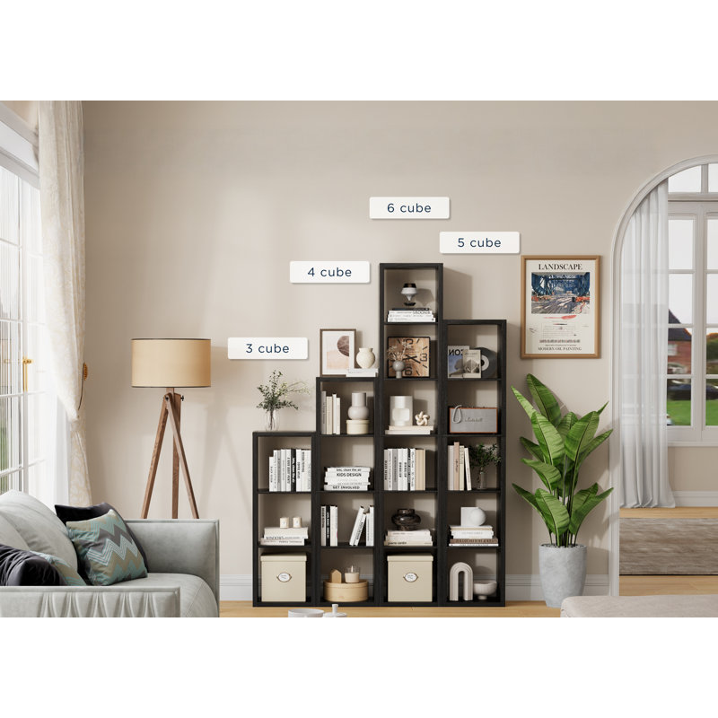 Engineering Timber 5-Cube Tall Narrow Bookcases, Black Open Storage Bookcase, Minimalist Corner Unit for Small Spaces Living Room Bedroom