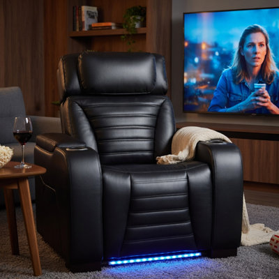 Pera Power Glider Recliner Chair With LED, USB Console, Black Faux Leather