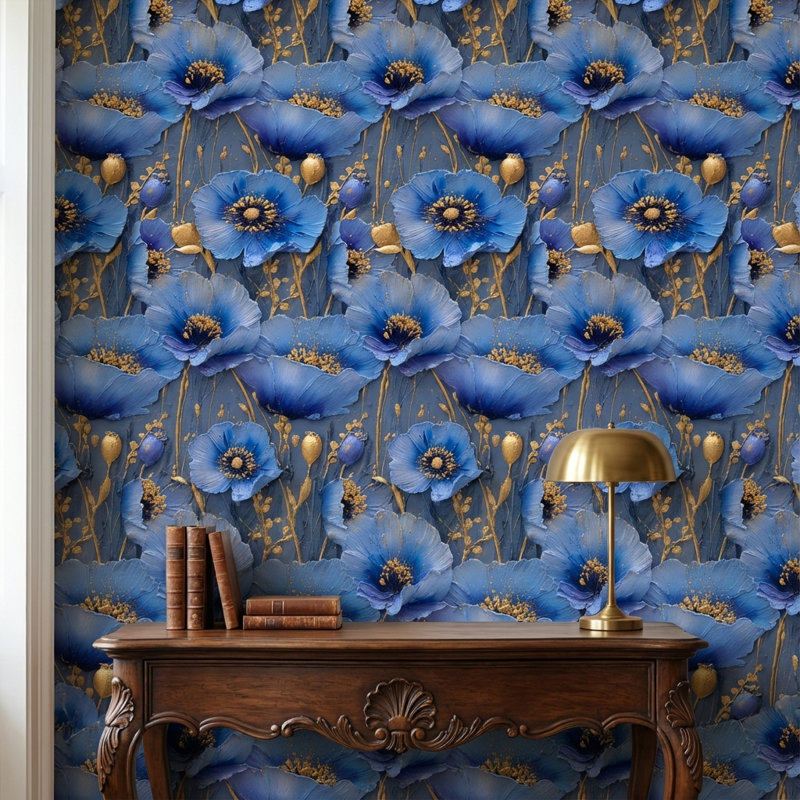 Floral Wallpaper Blue Gold Decorative Mural