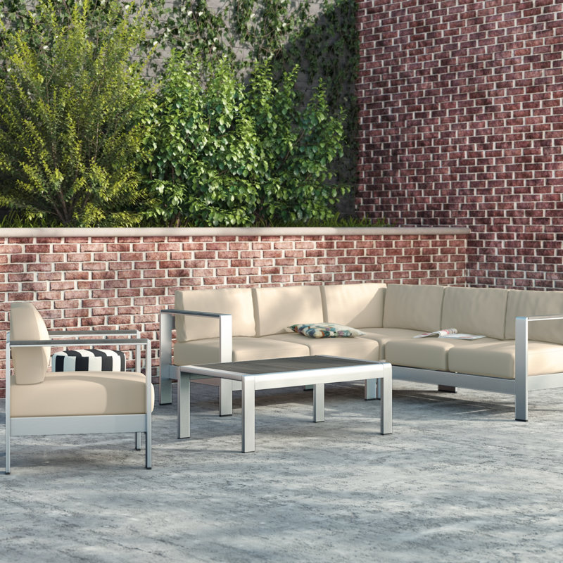 Shore 5 Piece Outdoor Patio Aluminum Sectional Sofa Set, Beige