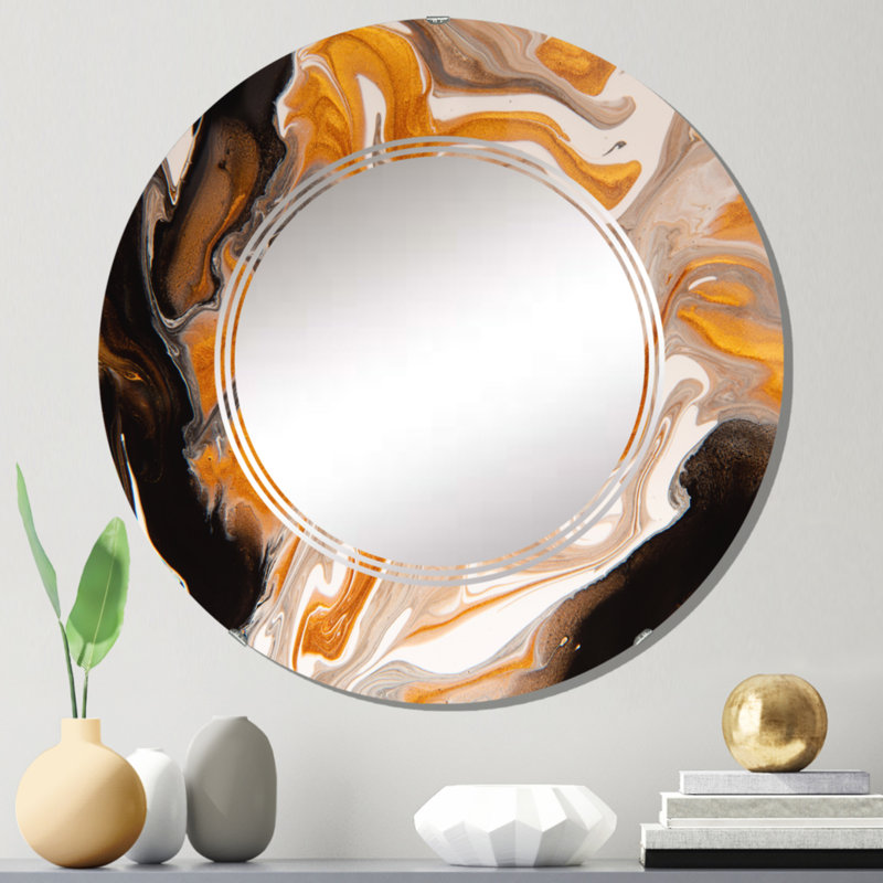 Orange et marbre noir Waves I - Miroir mural moderne, 24 po x 24 po