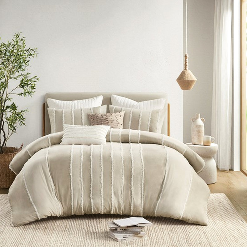 Literie en coton rayé multicolore pour lit double / grand lit avec garniture contrastante et fermeture à boutons 3 pièces