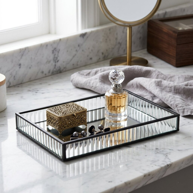 Plateau rectangulaire en verre cannelé Veldra, H 1,3 po x l 11 po x P 7,75 po, Noir, noir, noir, noir