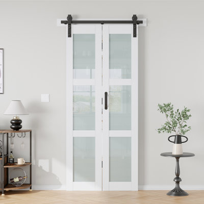 Glass And Solid Manufactured Wood Bi-Fold Barn Door With Installation Hardware Kit