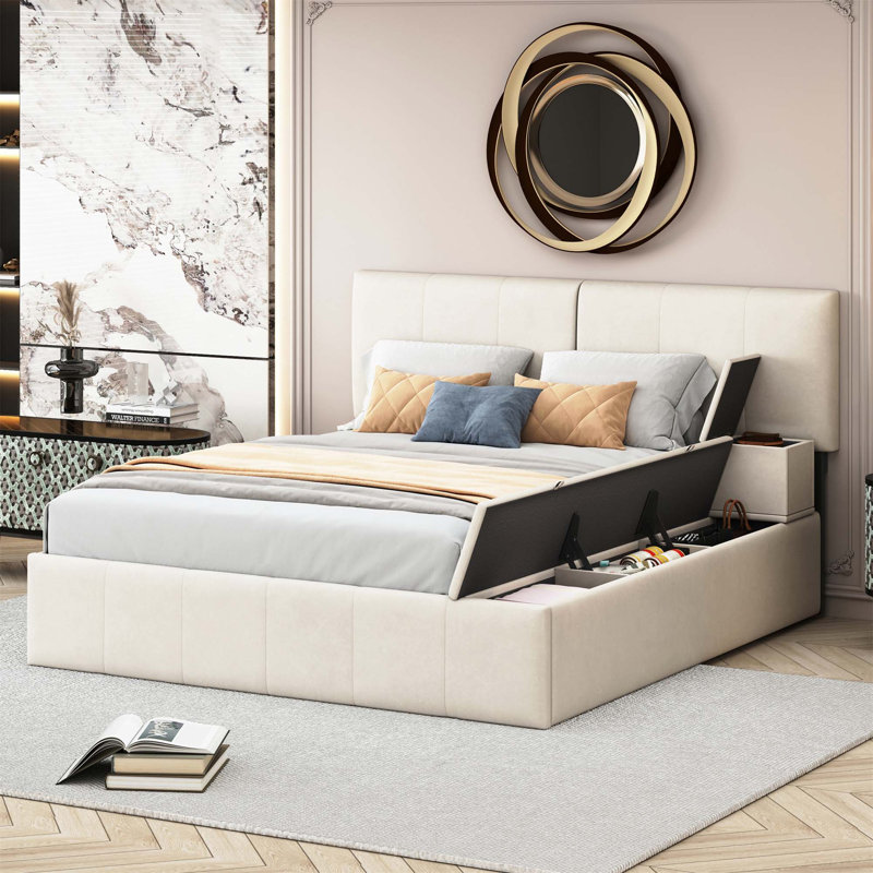 Lit plateforme tapissier avec compartiments de rangement latéraux et tissu épais, Beige