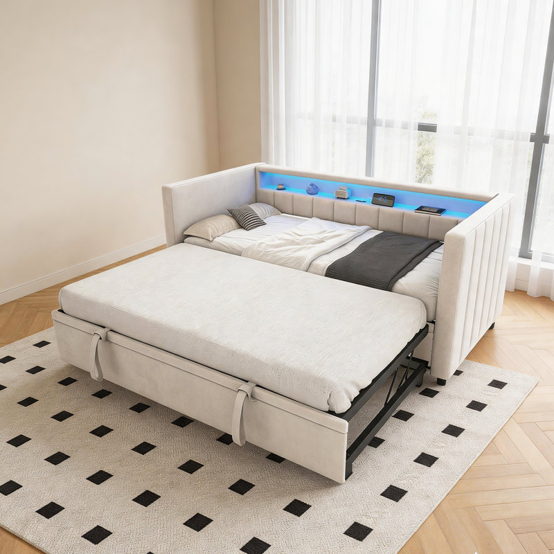 Multifunctional Bed Frame with Pull-Out Sofa – 90x190 cm with USB-C Port, Ambient LED Lighting, Velvet Upholstery & Storage for Living Room, Guest Room, or Youth Room