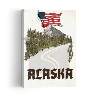 " Alaskan Mountain Road Flag Rustic Abstract Contemporary Evergreen Tree Pine Tree Forest Landscape Wall Art Print " by Nicholas