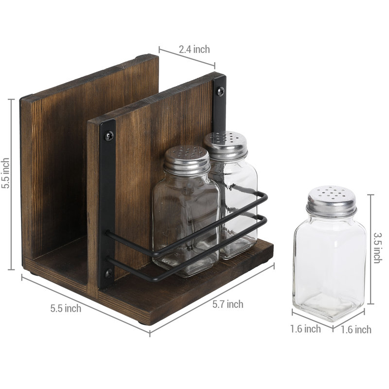 Rustic Wood Napkin Holder with Salt and Pepper Shakers – Tabletop Condiment Organizer Set for Kitchen or Dining Table