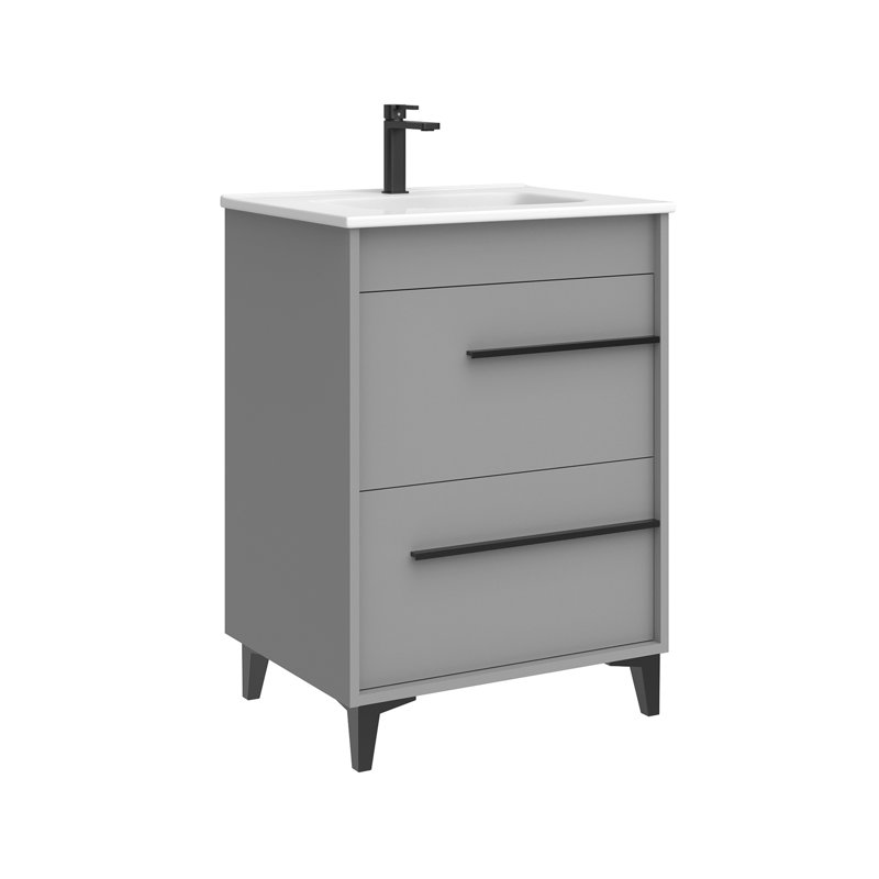 Meuble-lavabo simple autoportant avec plateau en céramique Lotus, Brume mate, 24"