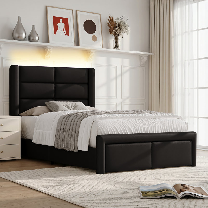 Faux Leather Upholstered Bed Frame with Headboard + 2-Drawer Nightstand with Charging Station, USB Ports & Outlets, Complete 3-Piece Bedroom Set