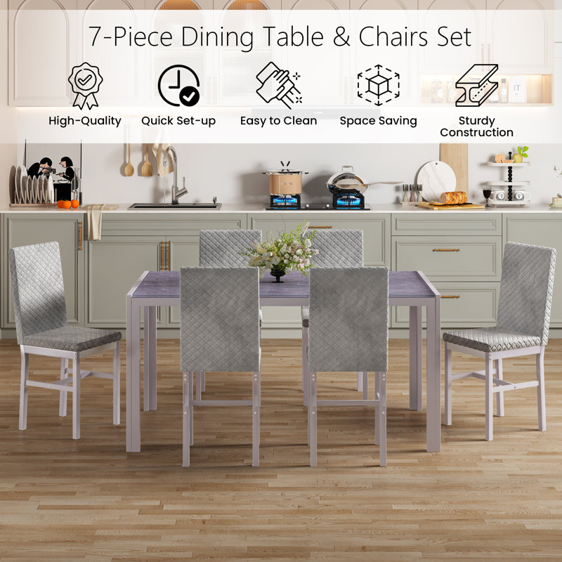 Ensemble de table et chaises de salle à manger de style moderne et contemporain 7 pièces, plateau de table en verre trempé et ensemble de table de salle à manger robuste en métal avec 6 chaises de salle à manger rembourrées sans accoudoirs, ensembl