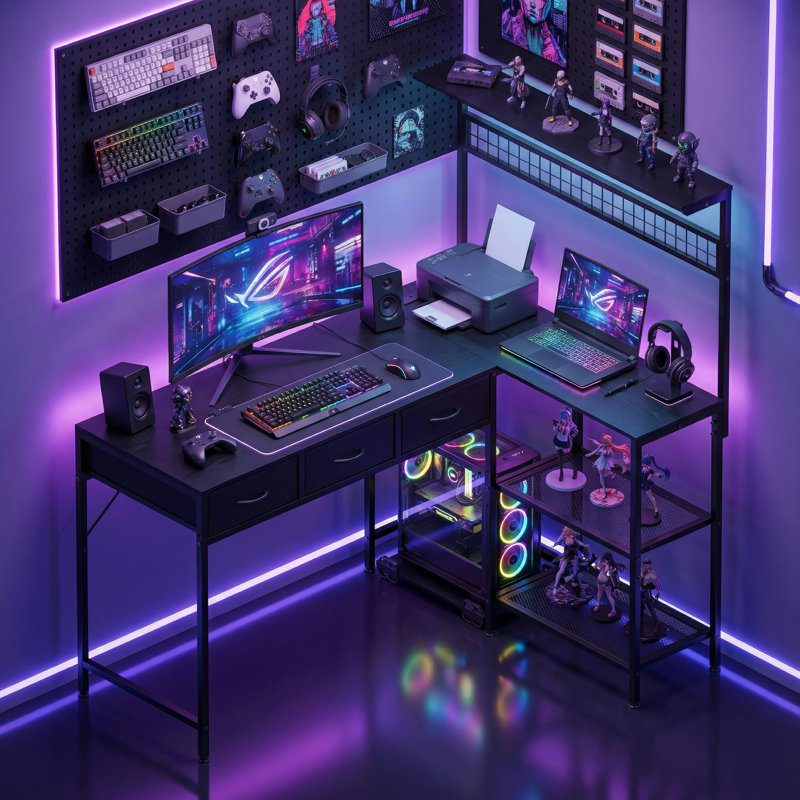 Bureau de jeu en L avec prises de courant, bureau d'ordinateur de 50,4 pouces avec lumières DEL et 3 tiroirs en tissu, bureau d'angle en forme de L avec tablettes de rangement et port USB c, bureau à domicile pour petits espaces, noir