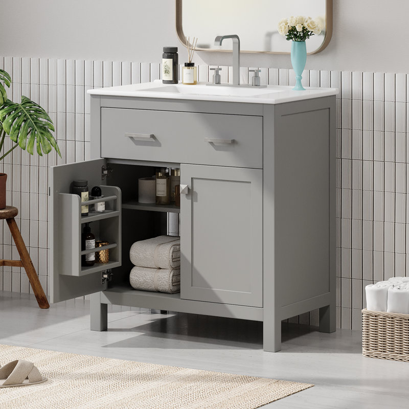 Delmetric 30'' Single Bathroom Vanity with Ceramic Sink Top, 2 Doors and 1 Shelf, Soft Close design, Gray
