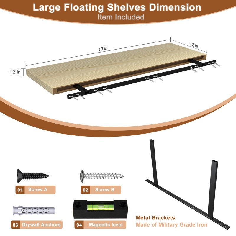  Tablette flottante profonde de 12 po, grande tablette murale 40 po x 12 po pour la cuisine, la salle de bain, le salon et le chêne (paquet de 2)