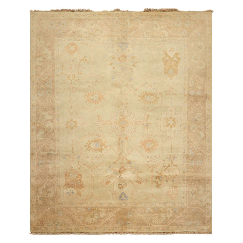 Tapis de transition en laine beige taupe de 2,41 m x 2,92 m, noué à la main