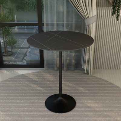 Crandall Round Bar Height Dining Table with Sintered Stone Top and Stainless Steel Pedestal Base Kitchen Table Seats 2-6 Person
