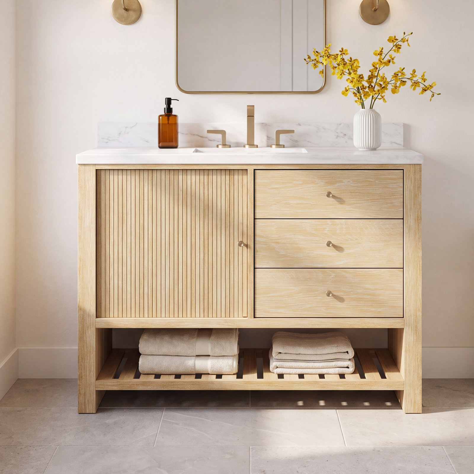 Marigot 48'' Single Bathroom Vanity, Carrara White Marble, 8" Widespread