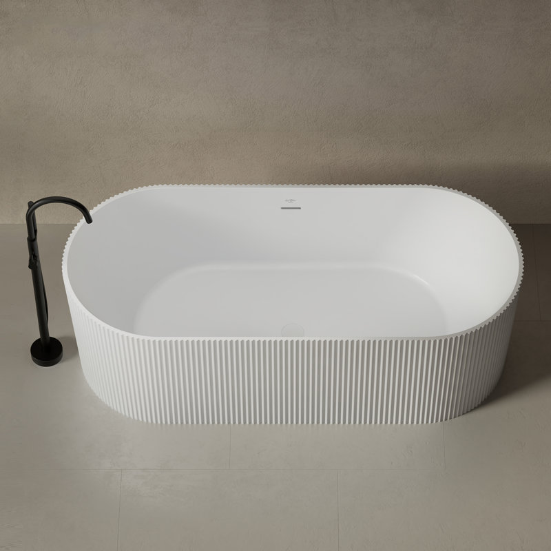 MonBlari 67" X 29.5" Solid Surface Fluted Freestanding White Soaking Bathtub with Overflow and Pop-up Drain For Bathroom