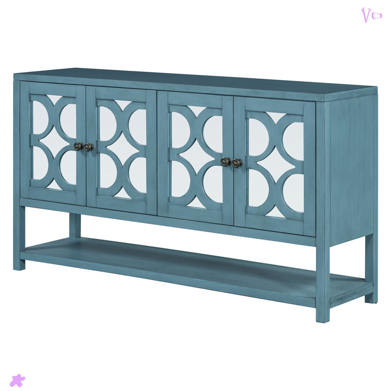 Elegant Retro Console Table/Storage Cabinet/Sideboard With Mirrored Doors, Antique Navy