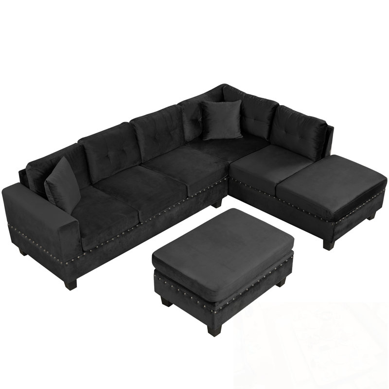 Canapé modulaire en L avec repose-pieds avec rangement, 2 coussins et porte-gobelets, Noir