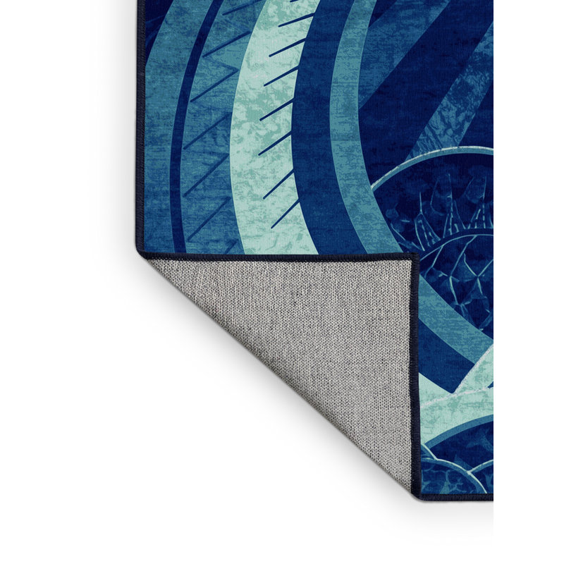 Machine Washable Pavli Sea Serpent Leviathan Art Deco Arc Rug in Blue – Navy Binding, 7x10