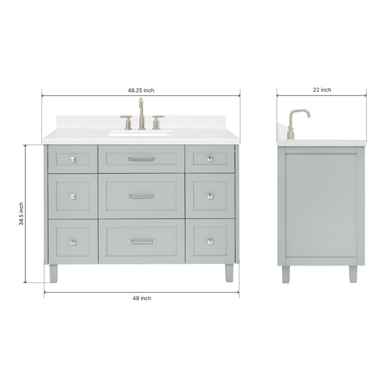 ARIEL Monroe 48 Single Sink Bathroom Vanity with Carrara Quartz Top, Gray, 48" - 49", Carrara White Quartz