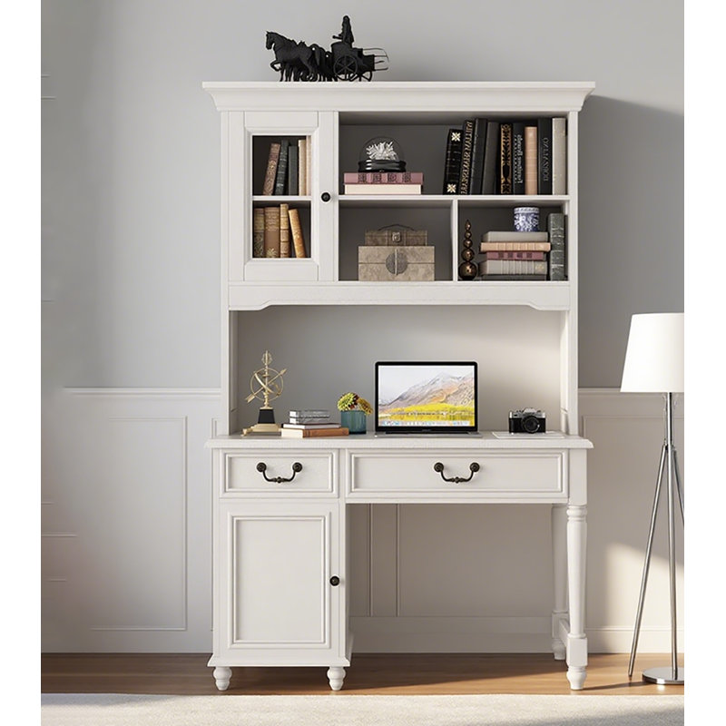 Combinaison bureau, bibliothèque et armoire en bois massif de style champêtre, Blanc